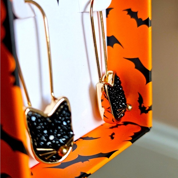 Black Cat Safety Pin Earrings, Gold, Crystal Pave Stones NWT, Halloween - Picture 3 of 9